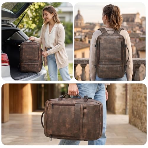 Travel Backpack for Men Women, Carry On Backpack Flight Approved, Coffee | PU Leather, 40L, Expandable, Laptop Compartment, Personal Item Travel Bag, for Traveling Weekender Business - color: Coffee