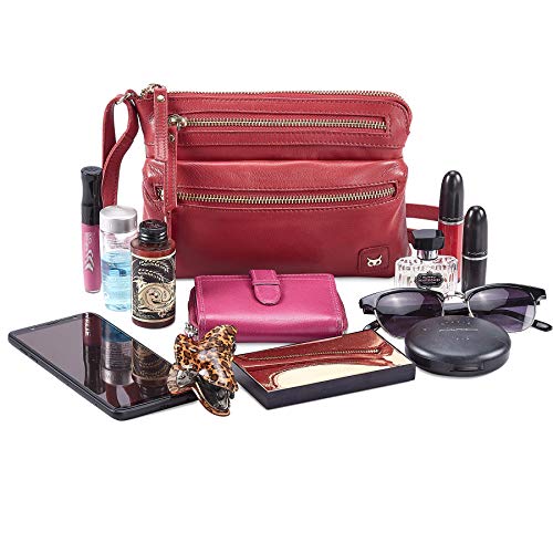 Small Leather Crossbody Bag for Women Adjustable Sling Purse Multi Pocket | Genuine Top Grain Leather, 4 Zip Pockets, Cross Over for Travel, Gift for Women, Phone Pocket - color: Red Nappa