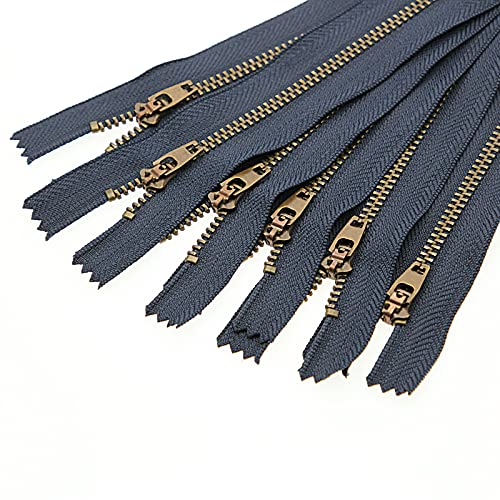 Leekayer 8 Inch Brass Zipper 3# Jeans Zipper Closed End Zipper for Boots Bags Backpack Sewing Zipper 8" Bulk 6pcs (Navy-Brass) - color: Navy tape-Brass teeth, size: 8"