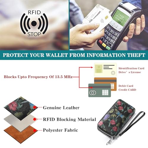 GOIACII Women's Wallet RFID Blocking Leather Wristlet | 2 Zip Around, Large Capacity, Credit Card Holder, Ladies Phone Clutch Purse - color: B02 Butterflies Dragonflies