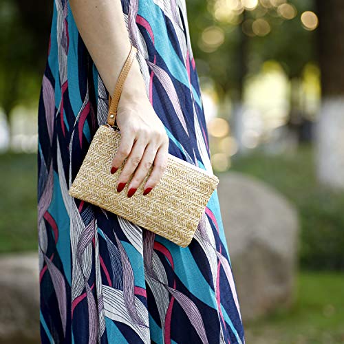 COOKOOKY Womens Straw Clutch Bag Bohemian Summer Beach Straw Purse Zipper Wristlet Wallets for Women - color: Beige