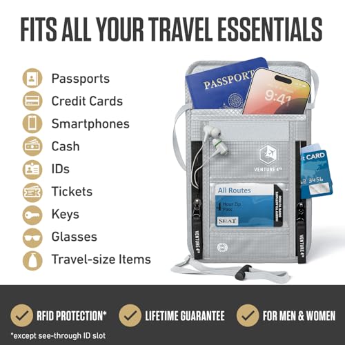 VENTURE 4TH Travel Neck Wallet, RFID Blocking Passport Holder - Silver - color: Silver