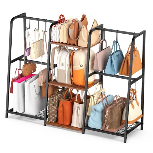 3-Tier Purse Organizer, Heavy-Duty Wood and Metal Bag Storage Rack with 10 Side Hooks for Large Totes & Long Shoulder Bags, Anti-Wobble Free-Standing Handbag Display Stand