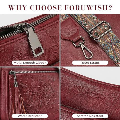 Crossbody Bags for Women, Medium Vegan Leather Purses | Large Capacity Multi-Pocket Embossed Shoulder Bag with Boho Strap for Daily Travel - color: Red