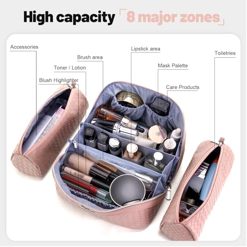 BOYATU Travel Makeup Bag Cosmetic Bags for Women: 3 Pcs Set Make up Bag | Large Capacity Waterproof Organizer Bags with Compartments - Lay flat Toiletry with Handle (L04 Light Pink) - color: L04 Light Pink
