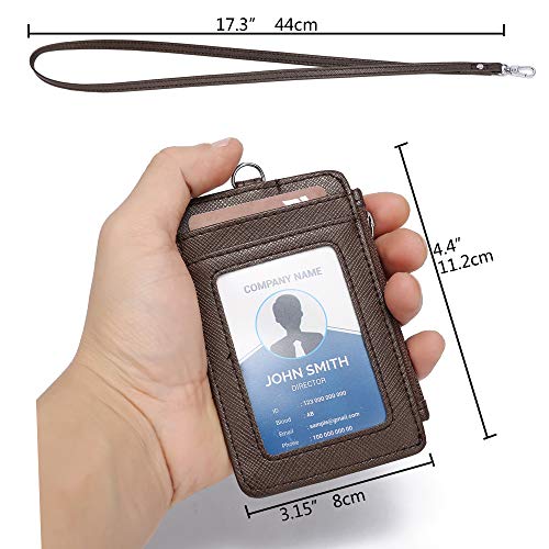 ID Badge Holder with Neck Lanyard PU Leather ID Badge Wallet Case with 1 ID Window, 4 Card Slots, 1 Side Zipper Pocket (Coffee) - color: Coffee