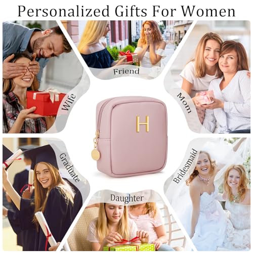 Initial Mini Makeup Bag Cosmetic Bag for Women | Personalized Gift, Toiletry Bags, 2 Mesh Pockets, Soft PU Leather, Water Proof Design, Smooth Zipper & Sturdy Build - size: 1pc Pink, style: H