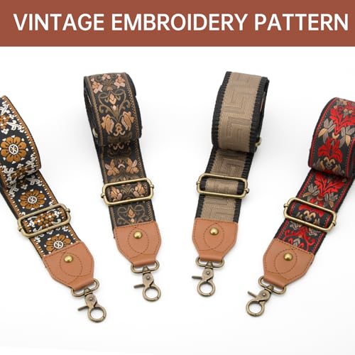 Purse Strap Replacement Crossbody Adjustable Bag Strap Retro Jacquard Embroidery Wide Shoulder Strap for Women Handbags - color: Double-layered Brown Flower