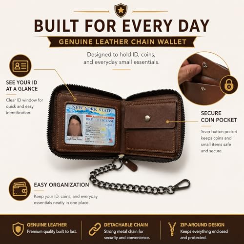 Men Leather Wallet With Zipper Chain Attached, Card Holder + Coin Pocket | Coffee Brown Mens Front Pocket With 11.8" Anti-Theft Chain, 9 Card Slots, 2 Clear ID Window, Coin Pocket and Gift Box Pack - size: Chain Wallet