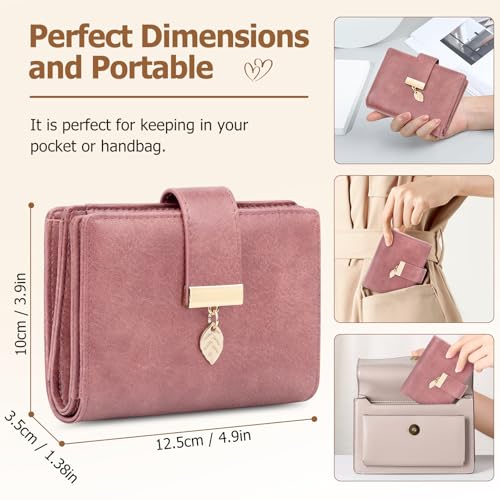HUANLANG Small Wallets Women RFID Blocking Ladies Wallet with Zipper | Women’s Wallet Credit Card Holder, Leather, ID Window, Zipper Coin Pocket, Bifold,Perfect Gifts,Fits Small Purses,Travel,Pink - color: Pink
