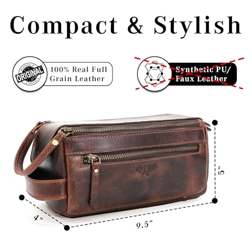 Premium Handmade Genuine Leather Toiletry Bag for Men & Women, Dopp Kit & Shaving Travel Organizer, Cosmetic Wash Bag with Zipper Pocket Travel Pouch, Gift for Him & Her - Dark Brown - color: Dark Brown (Large)