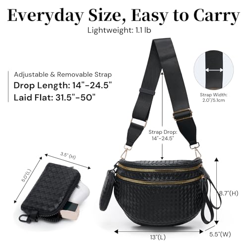 Woven Vegan Leather Bum Bag for Women, Crossbody Fanny Pack with Coin Purse | Removable 2-inch-wide strap adjusts to a 14–24.5-inch drop; dual zip compartments, reinforced hardware, 1.1-lb design - color: Black