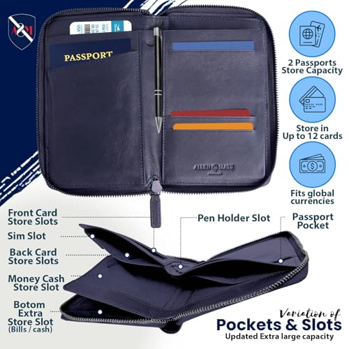ALLEN & MATE Genuine Leather Passport Holder for Travel, RFID Blocking Travel Wallet Fits 2 Passports and 12 Cards, Zippered Document Organizer with SIM Slot and Pen Loop for Men and Women - color: Navy Blue