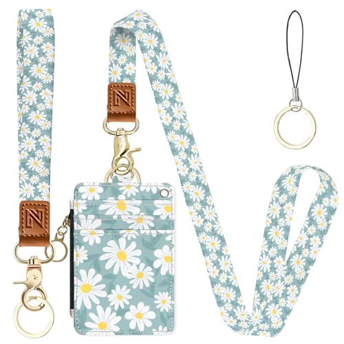 2-in-1 ID Badge Holder & Lanyard Wallet，Cute Zippered Pouch Little Daisy | for Teachers,Nurse,Professionals，Removable Wristlet & Neck Lanyard,5 Card Slots Stylish Work Essential - color: Little Daisy