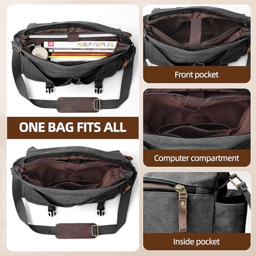 Messenger Bag for men Laptop Bag UnisexRetro Canvas Bag14-15.6 inches Casual single shoulder bag For Work College Travel - color: Black