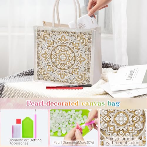 Xylzzuit DIY Pearl Painting Canvas Tote Bag Kit 11.42IN Diamond Art Handbag for Women Shopping Grocery Bag Dots Beads Art Craft Gift (Mandala) - color: Mandala