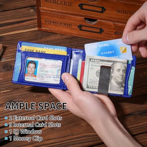 FALAN MULE Mens Wallet with Money Clip RFID Blocking Minimalist Front Pocket Wallets for Men Slim Bifold Card Holder - color: Oa-Black with blue