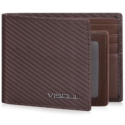 VISOUL Mens Carbon Fiber Leather Bifold Wallet with 2 ID Windows, RFID Blocking Stylish Wallet for Men with 2 Cash Compartments (Brown+Brown) - color: Brown+Brown