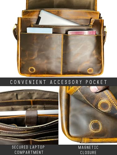 Leather Messenger Bag for Men - 16 Inch Full Grain Vintage Laptop Satchel | Crossbody Office Bag Fits 16" Laptop, Quick Access Pockets, Adjustable Shoulder Strap, Magnetic Closure, Travel Trolley Strap - color: Brown