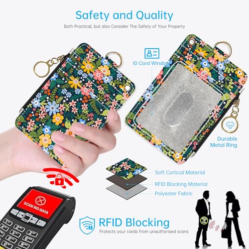 Green Flowers 2-in-1 ID Badge Holder & Lanyard Wallet for Teachers,Nurse,Professionals-Cute Zippered Coin Pouch,Removable Wristlet & Neck Lanyard,5 Card Slots Stylish Work Essential - color: Green Flowers