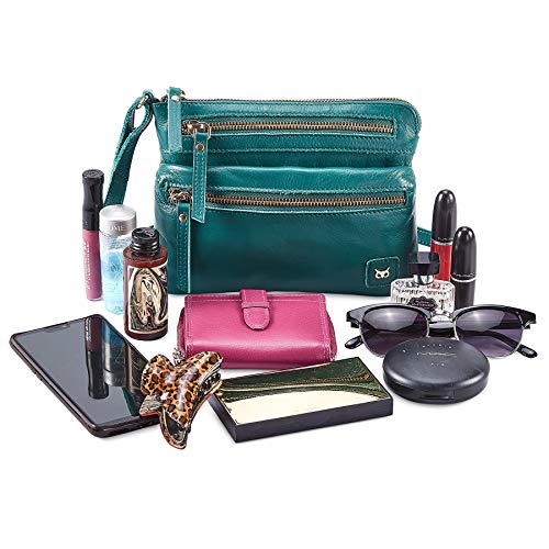 Small Leather Crossbody Bag for Women Adjustable Sling Purse Multi Pocket | Genuine Top Grain Leather, 4 Zip Pockets, Cross Over for Travel, Gift for Women, Phone Pocket - color: Emerald Green Nappa