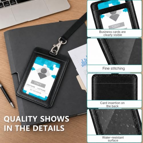 Ireer 12 Pcs ID Badge Holder with Lanyard, PU Leather Card Holder Vertical with Clear ID Access Card Window, Slot for Office Work, School Student, Black