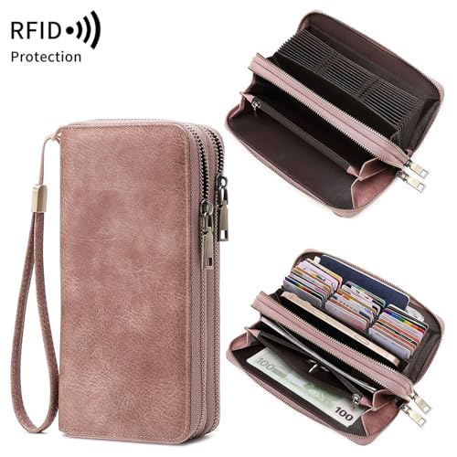Women Leather Wallet Crossbody Shoulder Bag with Double Zipper and Mobile Phone Purse with Shoulder Strap - color: QB393-Pink