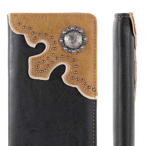 Montana West Western Wallet for Men Long Bifold Wallet with Card Slots RFID Blocking Cowboy Vintage Checkbook Wallet Gift for Men - color: A-606 Black