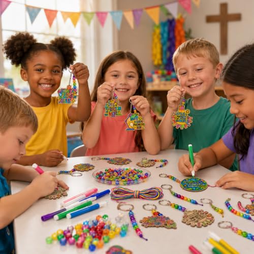 Cinrobiye VBS 2026 Wooden Keychain Craft Kit, 24 Sets Color Your Own Jesus Light of the World Keychains with Beads, Christian Craft for Sunday School, Bible Class, Church VBS Activities - style: VBS