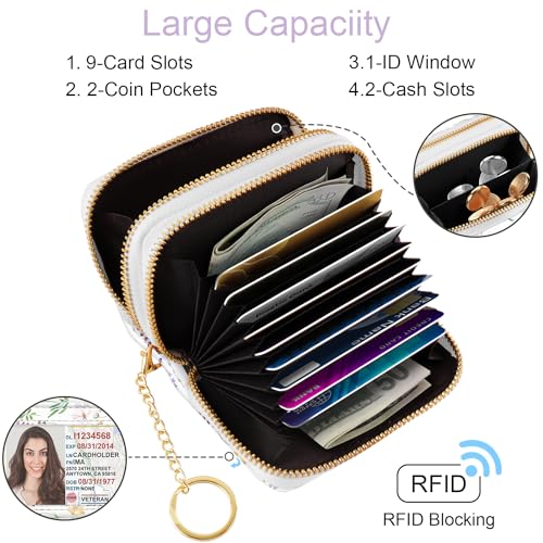 Credit Card Holder Glitter Shining Leather Small Cute Double Zipper Card Wallet for Women with Keychain,White Daisy - color: White Daisy