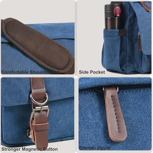 Vintage Messenger Bag 15.6 Inch Laptop for Men Women, Large Travel Crossbody Shoulder Purse Canvas Briefcase Work College - color: Blue-upgrade