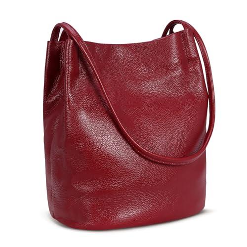 Iswee Soft Leather Tote Bucket Bag Hobo Shoulder Purse and Handbags Women | Large Size Roomy Pocketbooks Ladies Bag Everyday Bag Casual Work Travel Designer Hand Bag - color: Wine-lichee