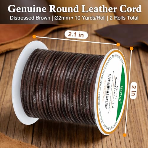 2 Rolls 100% Genuine Round Leather Cord for Jewelry Making & Leather Crafting, 2mm Thin Leather String Lace, Real Leather Rope for Crafts, Bracelets, Necklaces, Hanging, Braiding (Distressed Brown)