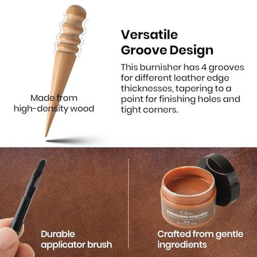 Calvana Khaki Burnishing Gum 4.23 oz, Includes Ebony Edge Burnisher and Applicator Brush, for Edges on Oil-Tanned & Veg-Tanned Leather, Burnishing & Polishing, Water-Based - color: Khaki