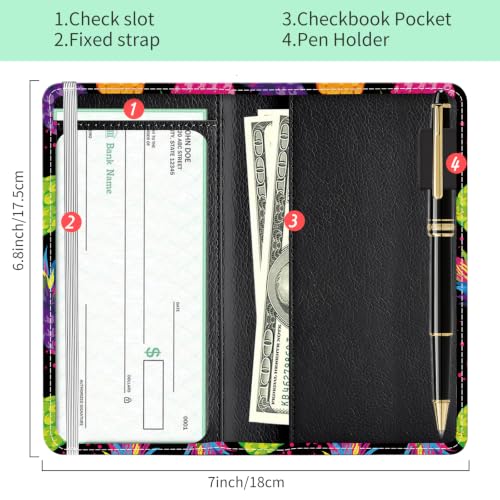 Checkbook Cover for Personal Checkbook, Cute Pu Leather Check Book for Women & Men, Slim Checkbook Holder with Pen Holder and Built-in Clear Plastic Divider, Neon Pineapple - color: Neon Pineapple