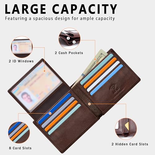 Travelambo Genuine Leather Wallet for Men with Gift Box - Handmade Bifold Stylish - Mens Wallets Rfid Blocking with 2 ID Windows - color: Two-tone Oil-Tanned Brown