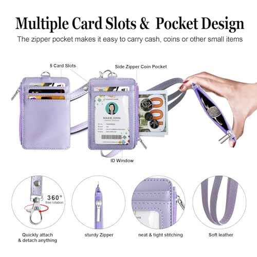 bolimoss 2-in-1 ID Badge Holder & Lanyard Wallet for Women Teacher, Multiple Card Slots PU Leather ID Badge Wallet Case with Detachable Neck Lanyard 1 ID Window, 4 Card Slots, 1 Side Zipper Pocket - color: Light Purple