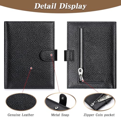 Passport Holder for Travel Women RFID Blocking Genuine Leather Passport Wallet with Card Slots, Zipper Coins Pocket, Cash Holder, Black - color: Black