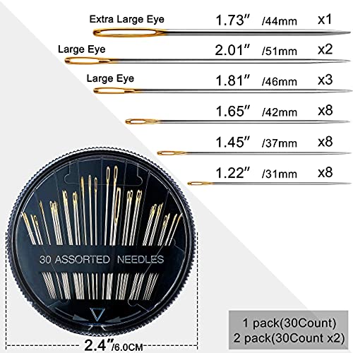 60 Pack, Premium Sewing Needles for Handsewing, Assorted Sizes, 6 Sizes Sewing Sharp Needles, 6 Pcs Big Eye Hand Sewing Needles, Sewing Needles Large Eye, Embroidery Needles for Hand Sewing - size: BLACK 60PCS Needles
