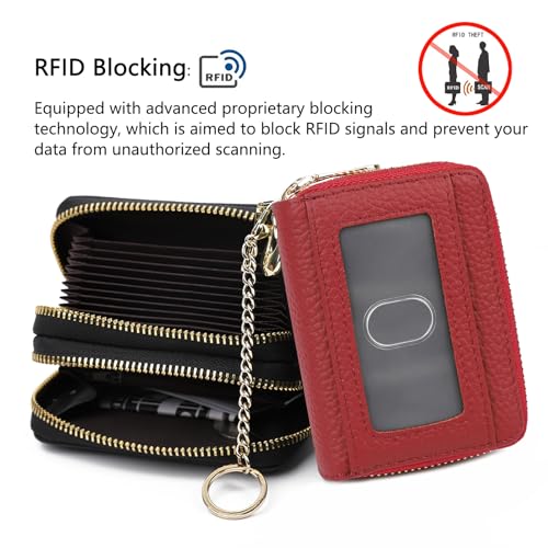 imeetu Rfid Credit Card Holder, Businese Card Case, Wallet for Women Men | Genuine Leather Card Wallet with id Window, Keychain & Double Zipper, Water-resistan Small Wallet with Gift Box, Daily Travel - color: Max - Red