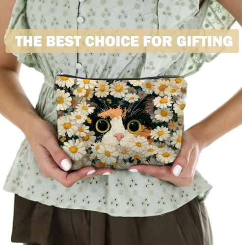 Cute Cat Floral Makeup Bag,Gifts for Women Cat Lovers,Cats Lover Lady Mom Grandma Gifts, Calico Cat Daisy Kitten Zipper Makeup Pouch,Spring Holiday Toiletry Bag - color: Cat Floral