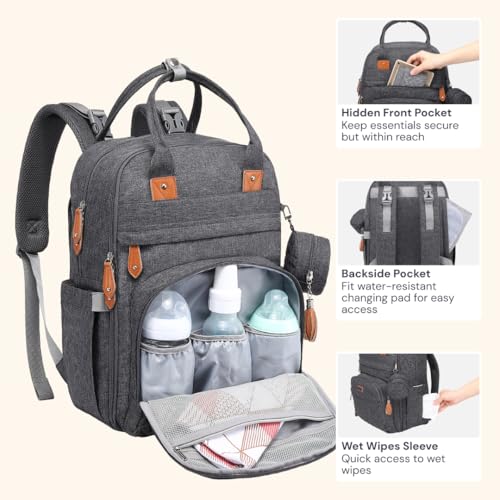 BabbleRoo Diaper Bag Backpack - Baby Essentials Travel Tote - Multi Function Water Resistant Diaper Bag, Travel Essentials Baby Bag with Changing Pad, Stroller Straps & Pacifier Case - Dark Gray - color: Dark Gray, size: Large