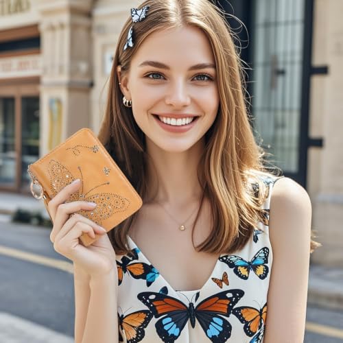 KITEVIUN Women RFID Blocking Small Bifold Wallet, Compact Cash Clutch with Zipper Coin Pocket, Glittery Butterfly Design, Credit Card Holder, Travel Purse with Tassel YELLOW - color: 04-YELLOW