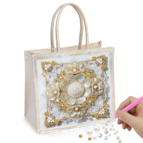 Xylzzuit DIY Pearl Painting Canvas Tote Bag Kit 11.42IN Diamond Art Handbag for Women Shopping Grocery Bag Dots Beads Art Craft Gift (Flower02) - color: Flower02
