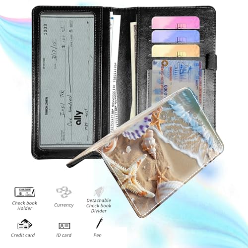 Check Book Cover for Personal Checkbook with Duplicate Checks, PU Leather Checkbook Plastic Insert Flap Card Holder Pen Hoop Holder with RFID Blocking Slim Wallet for Women Men, Beach - color: 531