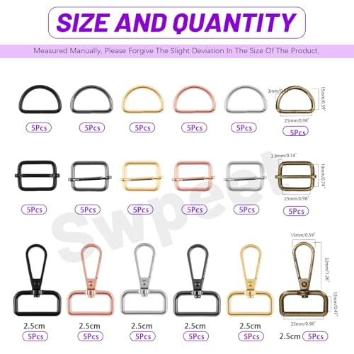 Swpeet 90Pcs 6 Colors 25MM Metal D Ring & Rectangle Adjuster Triglides Slides Buckle & D Ring Swivel Lobster Clasp Kit, Semi-Circular D Rings Roller Pin Buckles Swivel Snap Hook for Belt DIY Crafts - style: 2.5cm