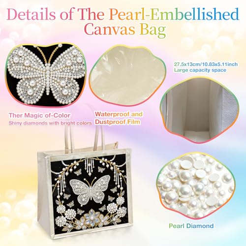 Xylzzuit DIY Pearl Painting Canvas Tote Bag Kit 11.42IN Diamond Art Handbag for Women Shopping Grocery Bag Dots Beads Art Craft Gift (Butterfly) - color: Butterfly