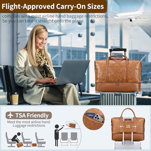 Faux Leather Weekender Bags for Women: Large Overnight Bags Travel Duffel Bag Carry On Shoulder Weekend Tote with Shoe & Laptop Compartment & Toiletry Bags for Airplane Traveling Gym, Brown - color: PU-Brown