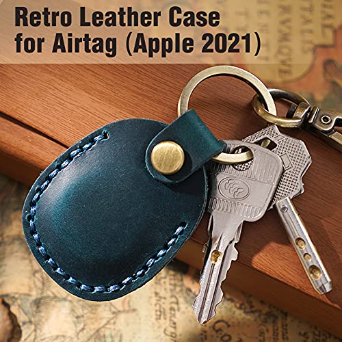 Genuine Leather AirTag Holder Compatible with Apple AirTag 2nd Gen & 1st Gen, Handmade Leather Air tag Keychain with Key Rings, Hidden Air tags Case Accessories - Blue - color: Blue
