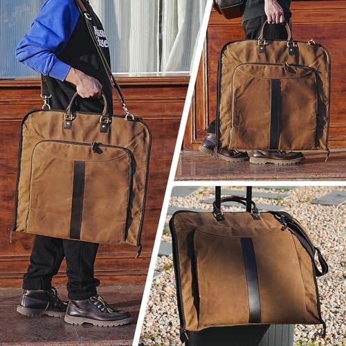 Polare Waxed Canvas Full Grain Leather Trim Garment Carry On Bag for Travel, Foldable Hanging Suitcase Weekender Dust-Proof Garment Waterproof Cover with YKK Zipper and Adjustable Strap - color: Brown